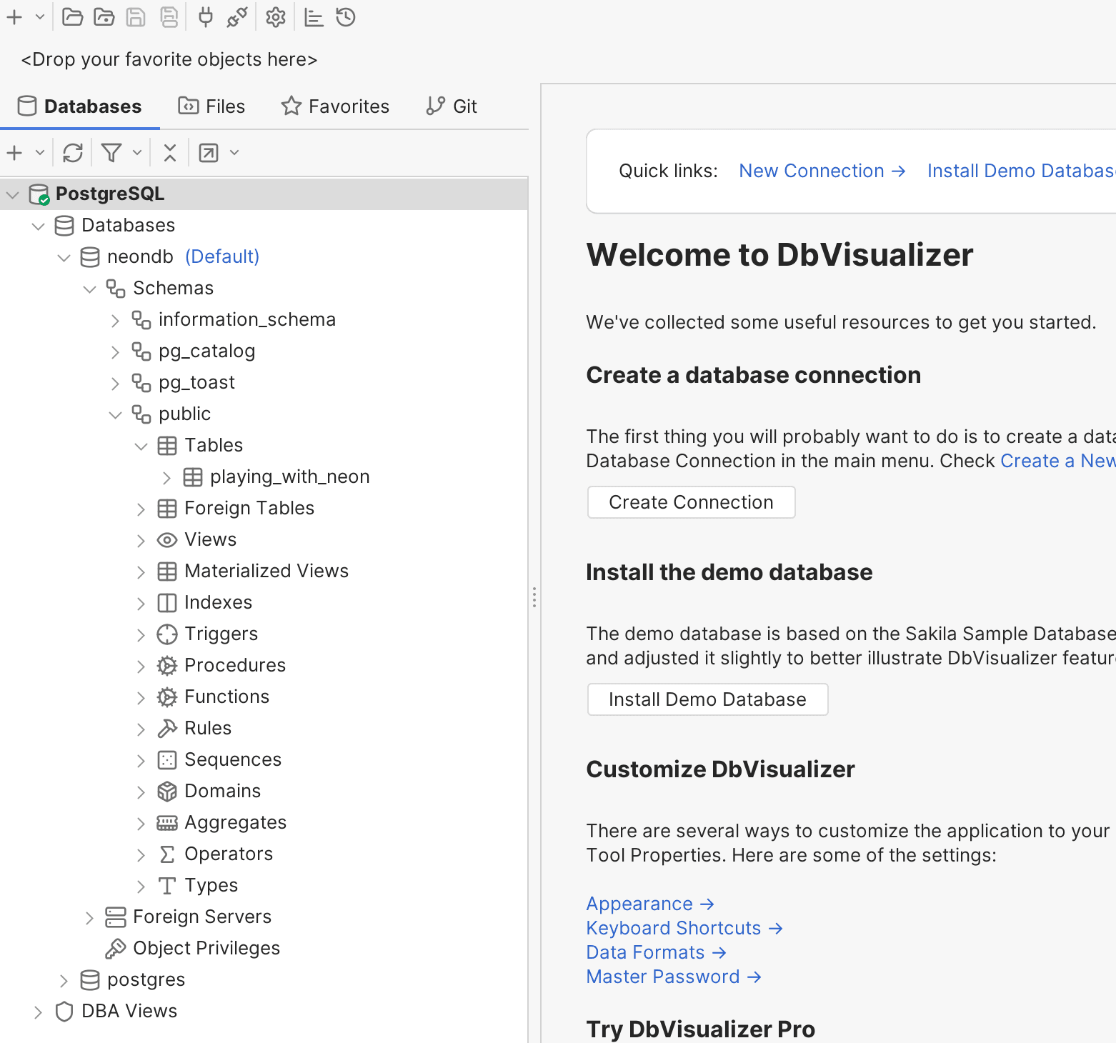 Connected Neon Postgres Database in DbVisualizer