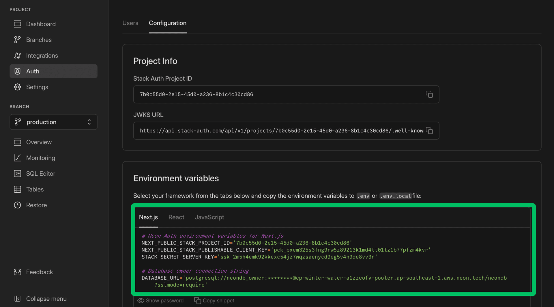 Neon Console - Neon Auth configuration keys for Next.js