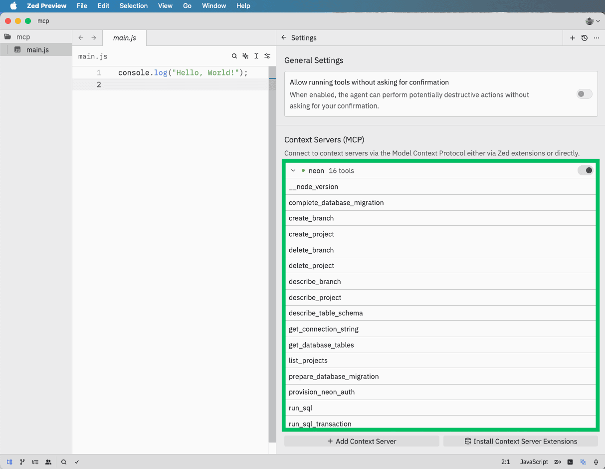 Zed with Neon MCP Tools